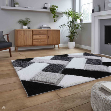 Olympia 2239 3D Geometric Plush Carved Hi-Lo Textured Soft Polyester Metallic Shimmer Shaggy Black/White/Grey Rug-Think Rugs-Rug Love - The Most Loved Rug Store